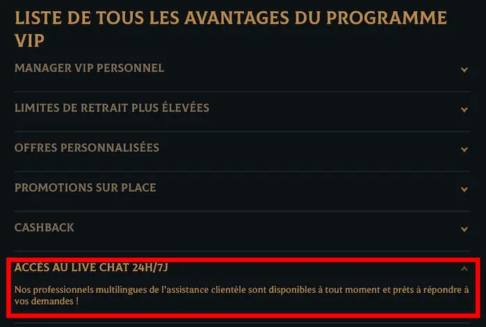 Accès au live chat 24h/7j